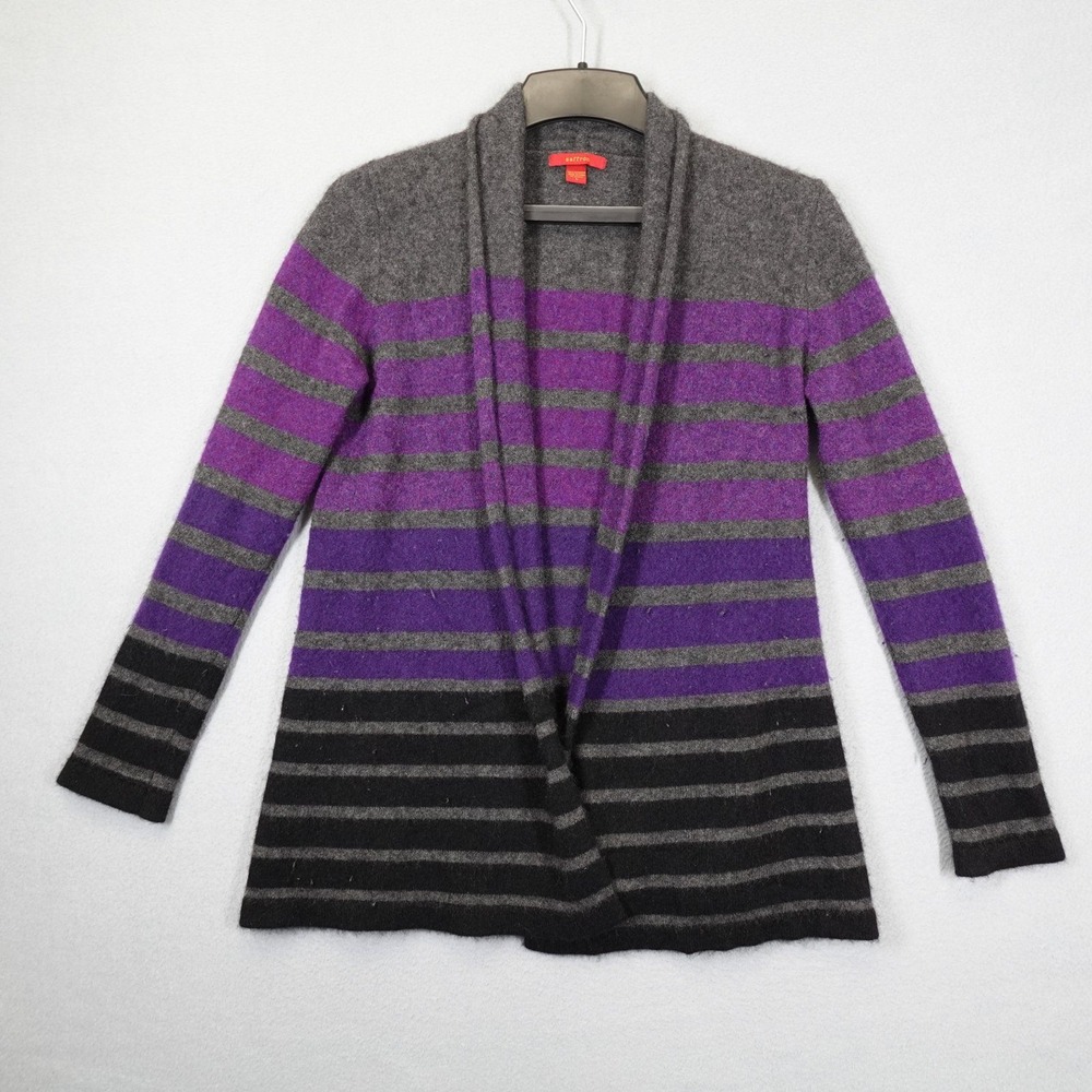 Saffron Cardigan Womens L Multi Color Striped 100% Cashmere Open Front Sweater